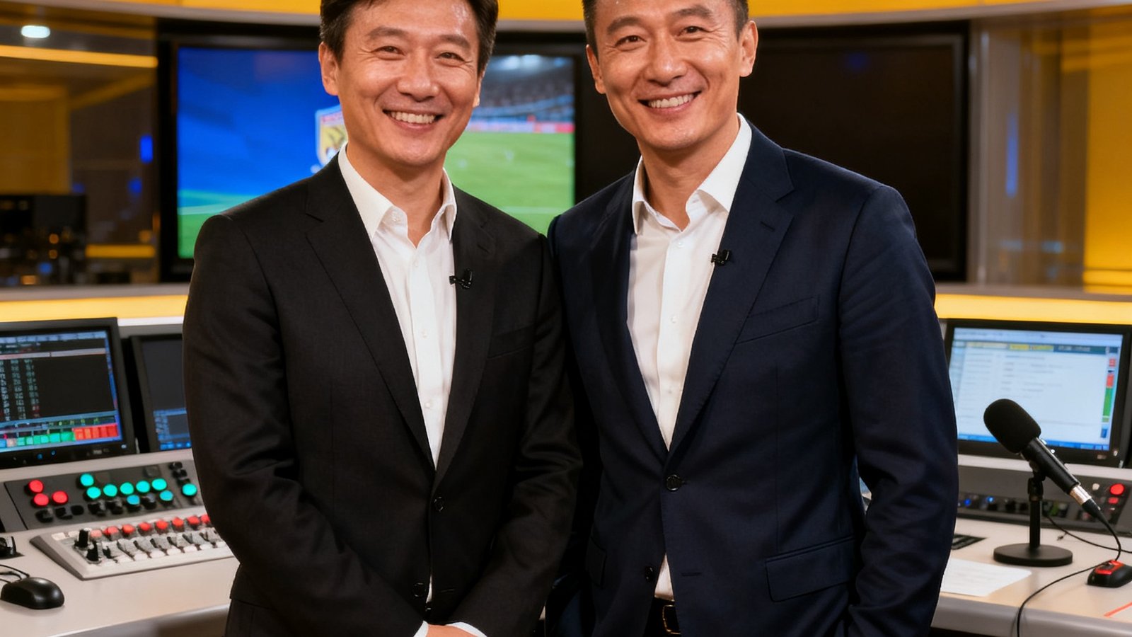 看球直播创始人与前国脚李浩在演播室合影，背景是直播控制台